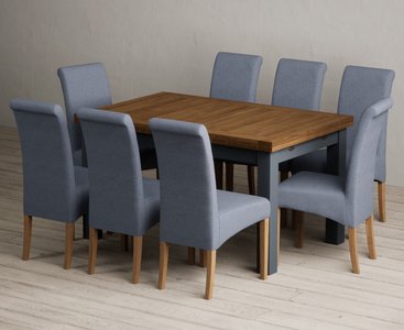 View Extending buxton 140cm oak and dark blue dining table with 8 blue scroll back chairs View Extending buxton 140cm oak and dark blue dining table with 8 blue scroll back chairs