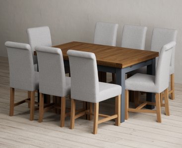 View Extending buxton 140cm oak and dark blue dining table with 8 grey braced chairs View Extending buxton 140cm oak and dark blue dining table with 8 grey braced chairs