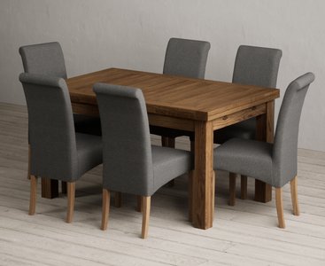 View Extending buxton 140cm rustic solid oak dining table with 6 charcoal grey scroll back chairs View Extending buxton 140cm rustic solid oak dining table with 6 charcoal grey scroll back chairs
