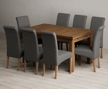 View Extending buxton 140cm rustic solid oak dining table with 8 charcoal grey scroll back chairs View Extending buxton 140cm rustic solid oak dining table with 8 charcoal grey scroll back chairs