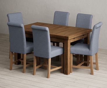 View Extending buxton 140cm rustic solid oak dining table with 6 blue braced chairs View Extending buxton 140cm rustic solid oak dining table with 6 blue braced chairs
