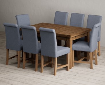 View Extending buxton 140cm rustic solid oak dining table with 8 blue braced chairs View Extending buxton 140cm rustic solid oak dining table with 8 blue braced chairs