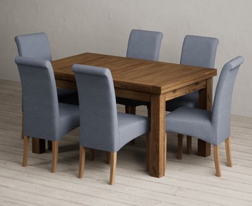 View Extending buxton 140cm rustic solid oak dining table with 6 blue scroll back chairs View Extending buxton 140cm rustic solid oak dining table with 6 blue scroll back chairs