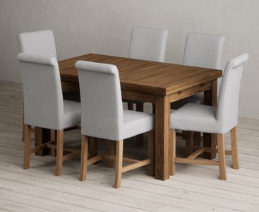 View Extending buxton 140cm rustic solid oak dining table with 6 grey braced chairs View Extending buxton 140cm rustic solid oak dining table with 6 grey braced chairs