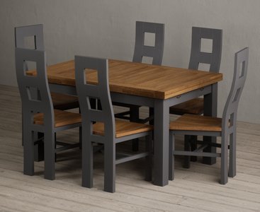 View Extending buxton 140cm oak and charcoal grey dining table with 6 rustic oak painted chairs View Extending buxton 140cm oak and charcoal grey dining table with 6 rustic oak painted chairs