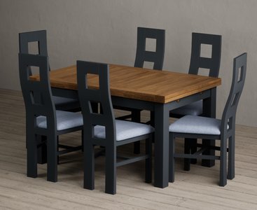 View Extending buxton 140cm oak and dark blue dining table with 6 blue painted chairs View Extending buxton 140cm oak and dark blue dining table with 6 blue painted chairs