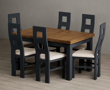 View Extending buxton 140cm oak and dark blue dining table with 6 linen painted chairs View Extending buxton 140cm oak and dark blue dining table with 6 linen painted chairs