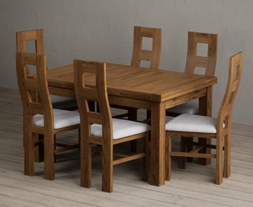 View Extending buxton 140cm rustic solid oak dining table with 6 light grey rustic solid oak chairs View Extending buxton 140cm rustic solid oak dining table with 6 light grey rustic solid oak chairs