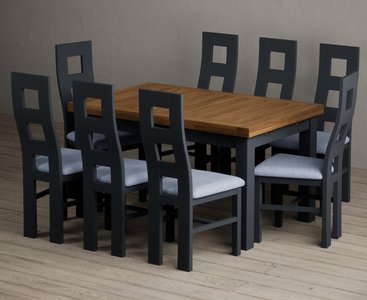 View Extending buxton 140cm oak and dark blue dining table with 8 blue painted chairs View Extending buxton 140cm oak and dark blue dining table with 8 blue painted chairs