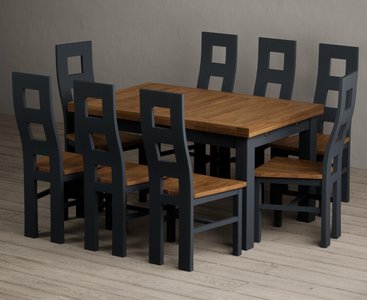 View Extending buxton 140cm oak and dark blue dining table with 8 rustic oak painted chairs View Extending buxton 140cm oak and dark blue dining table with 8 rustic oak painted chairs