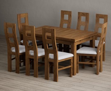 View Extending buxton 140cm rustic solid oak dining table with 8 light grey rustic solid oak chairs View Extending buxton 140cm rustic solid oak dining table with 8 light grey rustic solid oak chairs
