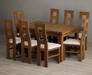 View Extending buxton 140cm rustic solid oak dining table with 8 linen rustic solid oak chairs View Extending buxton 140cm rustic solid oak dining table with 8 linen rustic solid oak chairs
