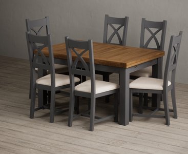 Photo of extending buxton 140cm oak and charcoal grey dining table with 6 linen painted chairs