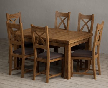 View Extending buxton 140cm rustic solid oak dining table with 6 brown rustic solid oak chairs View Extending buxton 140cm rustic solid oak dining table with 6 brown rustic solid oak chairs