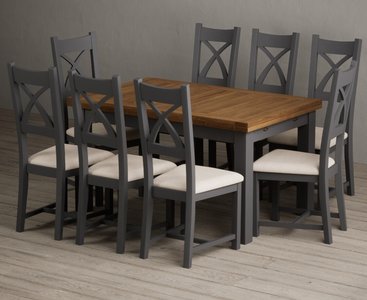 View Extending buxton 140cm oak and charcoal grey dining table with 8 linen painted chairs View Extending buxton 140cm oak and charcoal grey dining table with 8 linen painted chairs
