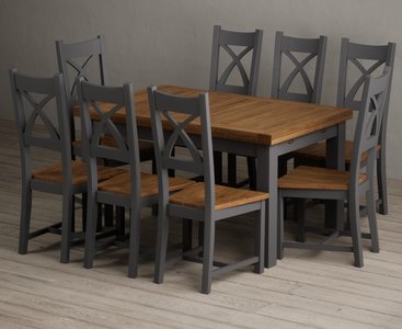View Extending buxton 140cm oak and charcoal grey dining table with 8 rustic oak painted chairs View Extending buxton 140cm oak and charcoal grey dining table with 8 rustic oak painted chairs