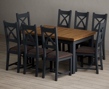 View Extending buxton 140cm oak and dark blue dining table with 8 brown painted chairs View Extending buxton 140cm oak and dark blue dining table with 8 brown painted chairs