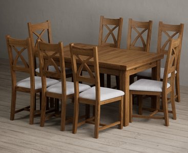 View Extending buxton 140cm rustic solid oak dining table with 8 light grey rustic solid oak chairs View Extending buxton 140cm rustic solid oak dining table with 8 light grey rustic solid oak chairs