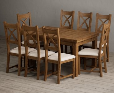 View Extending buxton 140cm rustic solid oak dining table with 8 linen rustic solid oak chairs View Extending buxton 140cm rustic solid oak dining table with 8 linen rustic solid oak chairs