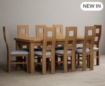 View Extending buxton 180cm solid oak dining table with 8 blue natural chairs View Extending buxton 180cm solid oak dining table with 8 blue natural chairs