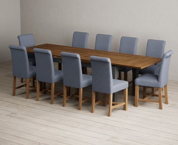 View Extending buxton 180cm oak and charcoal grey dining table with 10 blue braced chairs View Extending buxton 180cm oak and charcoal grey dining table with 10 blue braced chairs