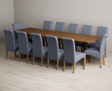 View Extending buxton 180cm oak and charcoal grey dining table with 12 blue scroll back chairs View Extending buxton 180cm oak and charcoal grey dining table with 12 blue scroll back chairs