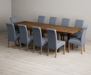 View Extending buxton 180cm rustic solid oak dining table with 10 blue scroll back chairs View Extending buxton 180cm rustic solid oak dining table with 10 blue scroll back chairs