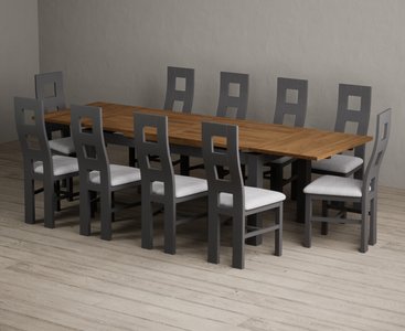 View Extending buxton 180cm oak and charcoal grey dining table with 10 light grey painted chairs View Extending buxton 180cm oak and charcoal grey dining table with 10 light grey painted chairs