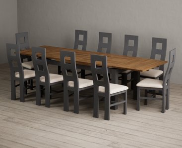 View Extending buxton 180cm oak and charcoal grey dining table with 10 linen painted chairs View Extending buxton 180cm oak and charcoal grey dining table with 10 linen painted chairs