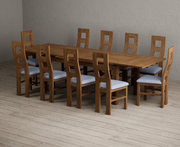 View Extending buxton 180cm rustic solid oak dining table with 10 blue rustic solid oak chairs View Extending buxton 180cm rustic solid oak dining table with 10 blue rustic solid oak chairs