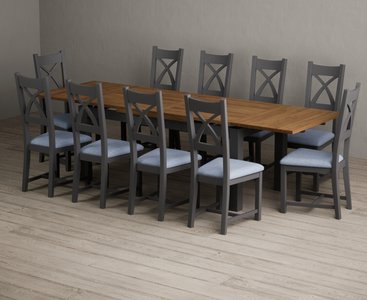 View Extending buxton 180cm oak and charcoal grey dining table with 10 blue painted chairs View Extending buxton 180cm oak and charcoal grey dining table with 10 blue painted chairs