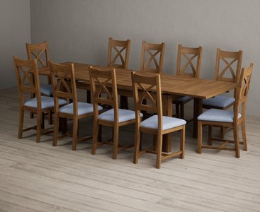 View Extending buxton 180cm rustic solid oak dining table with 10 blue rustic solid oak chairs View Extending buxton 180cm rustic solid oak dining table with 10 blue rustic solid oak chairs