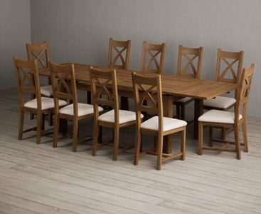 View Extending buxton 180cm rustic solid oak dining table with 10 linen rustic solid oak chairs View Extending buxton 180cm rustic solid oak dining table with 10 linen rustic solid oak chairs