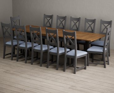 View Extending buxton 180cm oak and charcoal grey dining table with 12 blue painted chairs View Extending buxton 180cm oak and charcoal grey dining table with 12 blue painted chairs