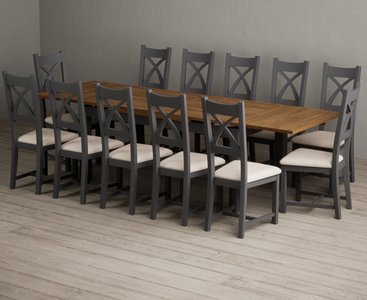 View Extending buxton 180cm oak and charcoal grey dining table with 12 linen painted chairs View Extending buxton 180cm oak and charcoal grey dining table with 12 linen painted chairs