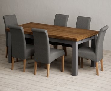 View Extending buxton 180cm oak and charcoal grey dining table with 6 charcoal grey scroll back chairs View Extending buxton 180cm oak and charcoal grey dining table with 6 charcoal grey scroll back chairs