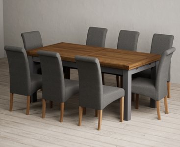 View Extending buxton 180cm oak and charcoal grey dining table with 8 charcoal grey scroll back chairs View Extending buxton 180cm oak and charcoal grey dining table with 8 charcoal grey scroll back chairs