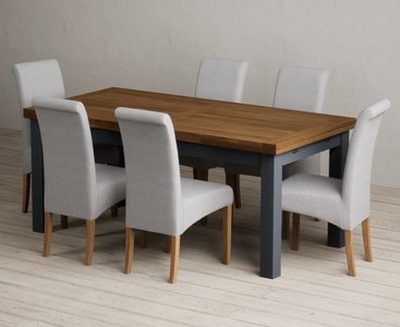 View Extending buxton 180cm oak and dark blue painted dining table with 8 blue scroll back chairs View Extending buxton 180cm oak and dark blue painted dining table with 8 blue scroll back chairs