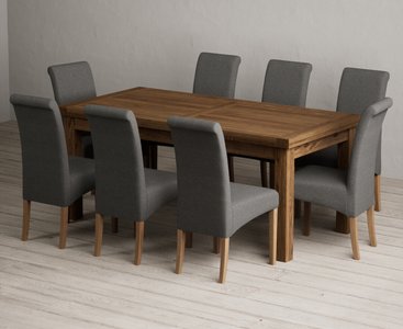 View Extending buxton 180cm rustic solid oak dining table with 8 charcoal grey scroll back chairs View Extending buxton 180cm rustic solid oak dining table with 8 charcoal grey scroll back chairs