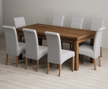 View Extending buxton 180cm rustic solid oak dining table with 8 grey scroll back chairs View Extending buxton 180cm rustic solid oak dining table with 8 grey scroll back chairs