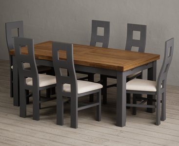 View Extending buxton 180cm oak and charcoal grey dining table with 6 linen painted chairs View Extending buxton 180cm oak and charcoal grey dining table with 6 linen painted chairs