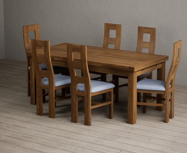 View Extending buxton 180cm rustic solid oak dining table with 6 blue rustic solid oak chairs View Extending buxton 180cm rustic solid oak dining table with 6 blue rustic solid oak chairs