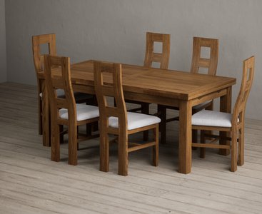 View Extending buxton 180cm rustic solid oak dining table with 6 light grey rustic solid oak chairs View Extending buxton 180cm rustic solid oak dining table with 6 light grey rustic solid oak chairs