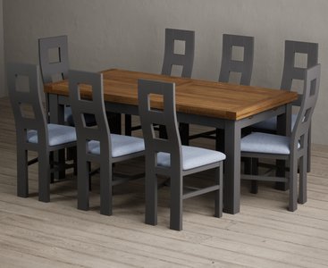 View Extending buxton 180cm oak and charcoal grey dining table with 8 blue painted chairs View Extending buxton 180cm oak and charcoal grey dining table with 8 blue painted chairs