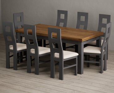 View Extending buxton 180cm oak and charcoal grey dining table with 8 linen painted chairs View Extending buxton 180cm oak and charcoal grey dining table with 8 linen painted chairs