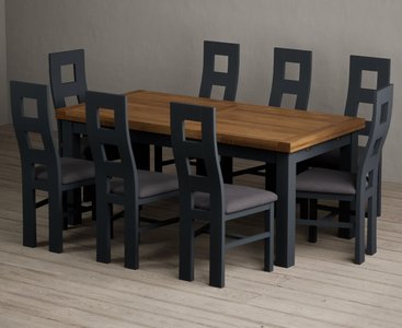 View Extending buxton 180cm oak and dark blue painted dining table with 10 linen painted chairs View Extending buxton 180cm oak and dark blue painted dining table with 10 linen painted chairs
