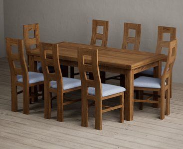 View Extending buxton 180cm rustic solid oak dining table with 8 blue rustic solid oak chairs View Extending buxton 180cm rustic solid oak dining table with 8 blue rustic solid oak chairs