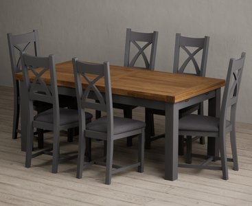 View Extending buxton 180cm oak and charcoal grey dining table with 6 charcoal grey painted chairs View Extending buxton 180cm oak and charcoal grey dining table with 6 charcoal grey painted chairs