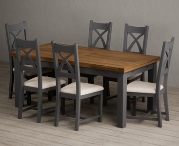 View Extending buxton 180cm oak and charcoal grey dining table with 6 linen painted chairs View Extending buxton 180cm oak and charcoal grey dining table with 6 linen painted chairs