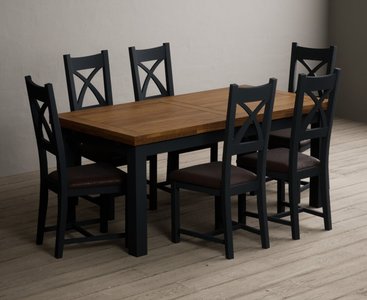 View Extending buxton 180cm oak and dark blue painted dining table with 6 brown painted chairs View Extending buxton 180cm oak and dark blue painted dining table with 6 brown painted chairs